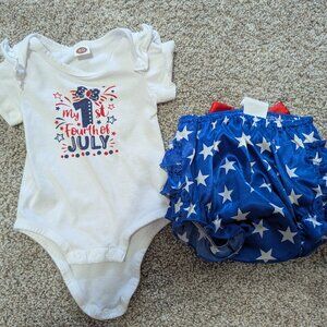 first fourth of july onesie with bottoms, stars and stripes